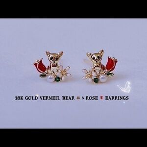 18K Gold Vermeil Bear 🐻 & Rose 🌹 Earrings